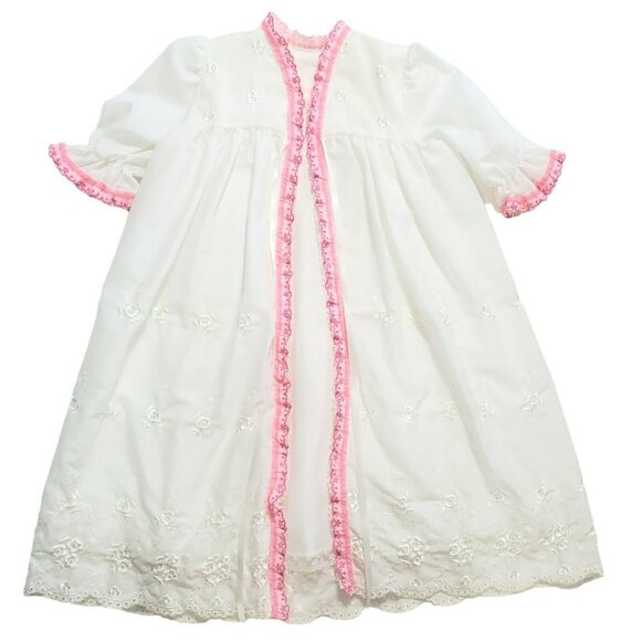 VTG Baby Christening Robe Dress Cover Up Coat Eyelet Lace Embroidered Flowers - Picture 3 of 14